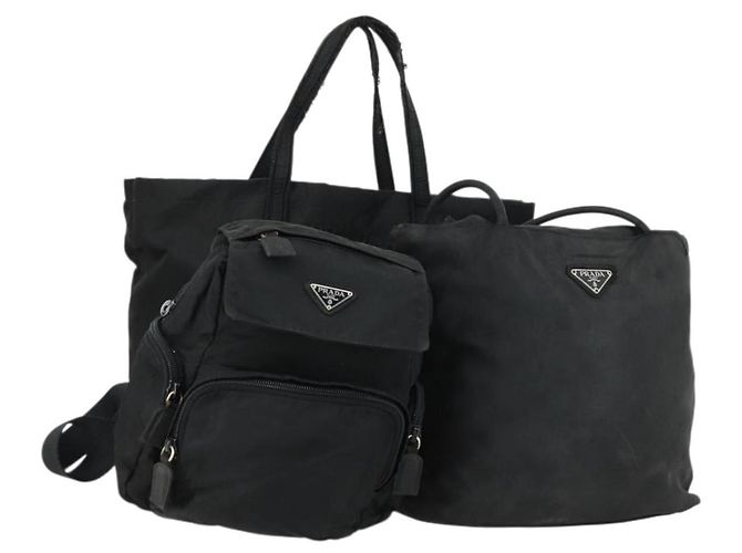 PRADA Borsa a Mano Nylon 3 Pezzi Nera Auth 151495 Nero