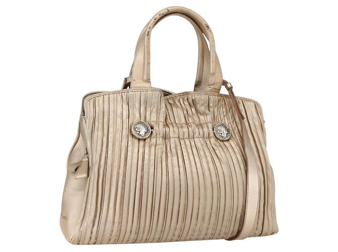 Bulgari Bolsa de mão em couro BVLGARI 2 em 1 dourada Auth ka881 Dourado