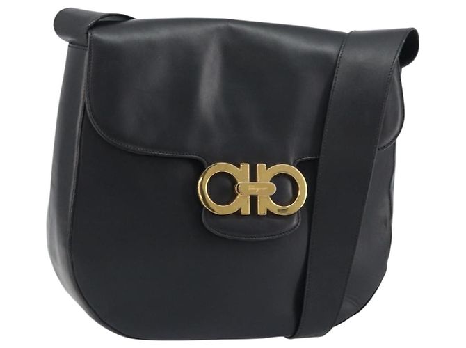 Borsa a Spalla Gancini in Pelle Nera e Oro Salvatore Ferragamo Auth 156463 Nero D'oro