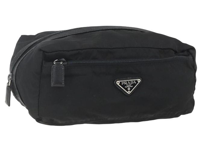 Prada Bolsa Pouch de Nylon e Couro Preto Auth bs31961