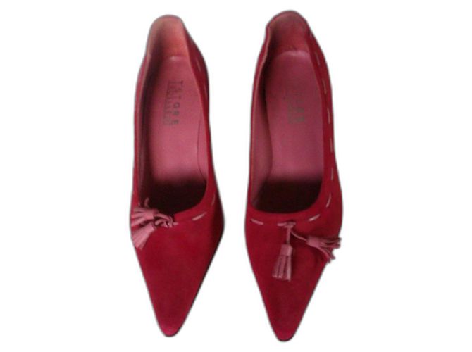 Trussardi Pumps Raspberry Suede Red Leather Pompons Size 36