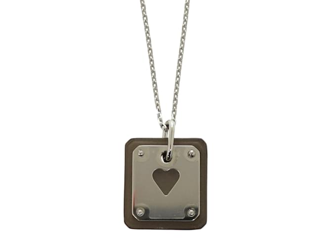 Hermès Ace of Hearts Leather and Metal Necklace Brown Silvery 