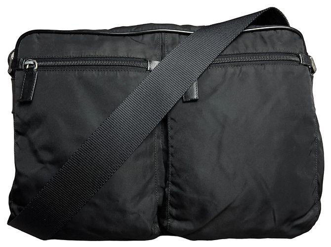 Borsa a tracolla per laptop in nylon Saffiano Tessuto con logo triangolare Prada Nero
