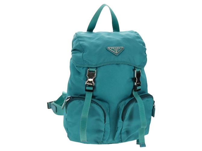 PRADA Backpack Nylon Turquoise Blue Silver Auth 157362V Silvery