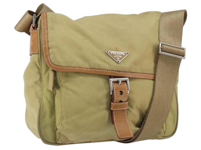 PRADA Schultertasche Nylon Beige Silber Authentisch 151654