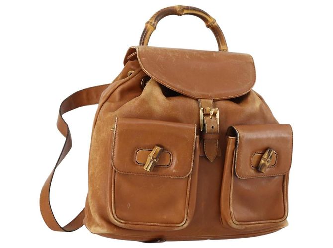 GUCCI Bamboo Backpack Leather Brown Gold 003 1998 0016 Auth 153308