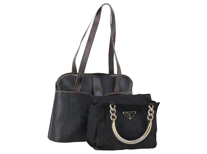 PRADA Sac à main Christian Dior en nylon PVC 2 pièces Noir Or Auth am9808 Doré