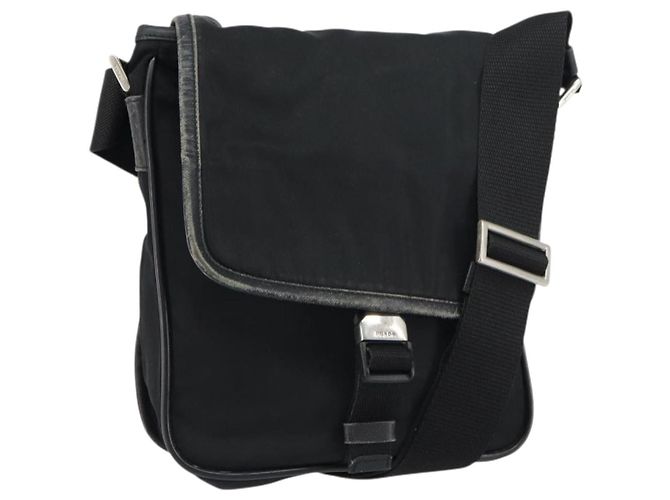 PRADA Schultertasche Nylon Schwarz Silber Authentisch 151622