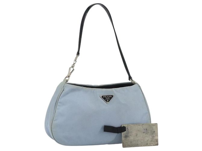 PRADA mini Bolsa de Ombro Nylon Azul Claro Prata Auth gh1407