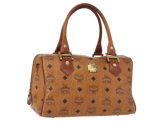 Bolsa MCM Logogram Vicetos em couro PVC marrom e dourado Auth BA8791