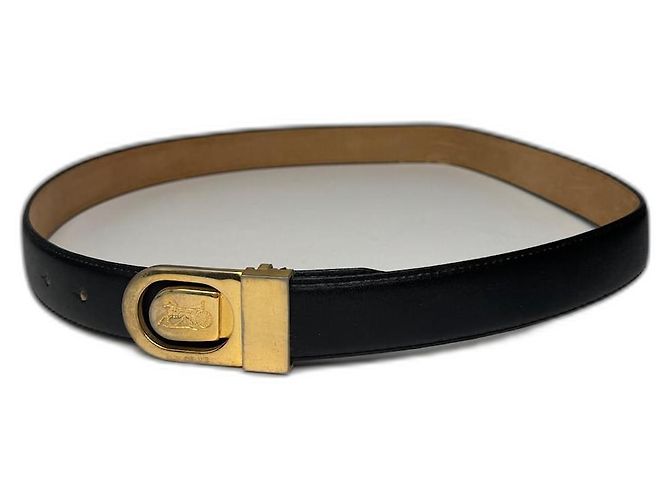 Céline Cinturón de cuero negro con logo de carruaje vintage Celine Paris