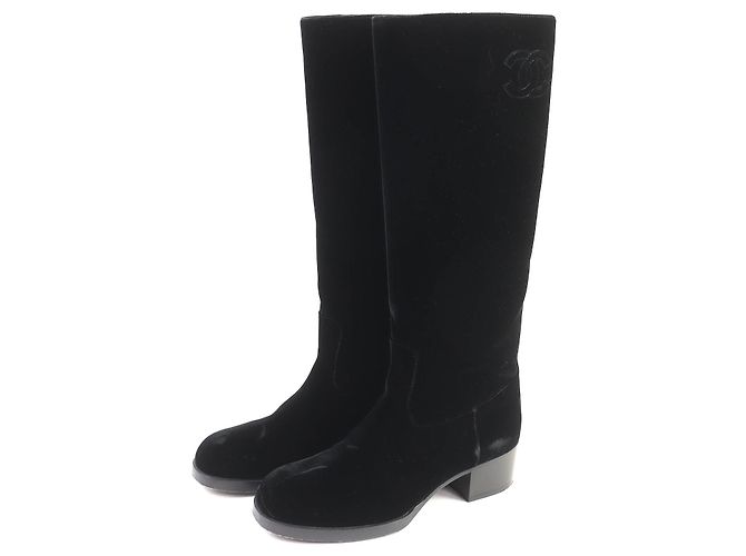 Timeless Chanel COCO Mark Velour Long Boots Black