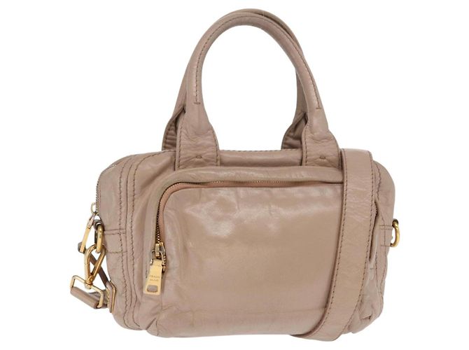 PRADA Bolso de Mano de Cuero 2 en 1 Beige Dorado Auth ka1158