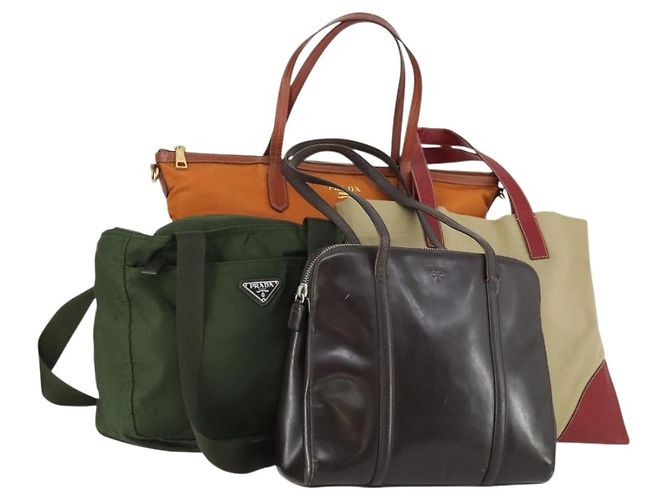 Tote PRADA Bag Nylon Leather Canvas 4 Set Orange Beige Khaki Brown Auth ti3540