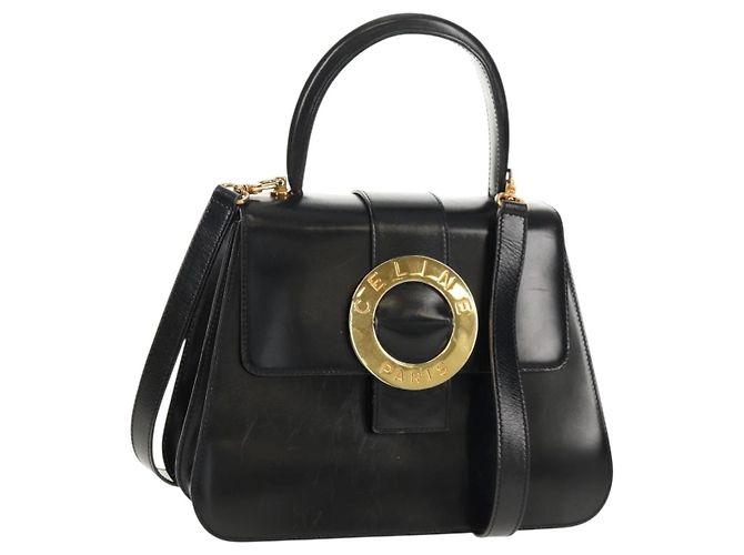 Céline CELINE Circle Handtasche aus Leder 2 in 1 Schwarz Gold Auth 160805V Golden