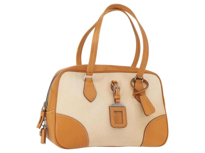 Bolso Boston PRADA de lona beige plata auténtico ep12540