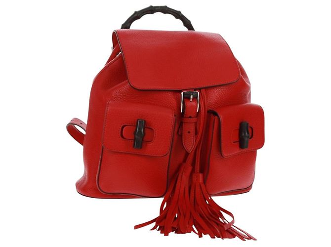 GUCCI Bamboo Backpack Leather Red Silver 370833 Auth 158958V Silvery