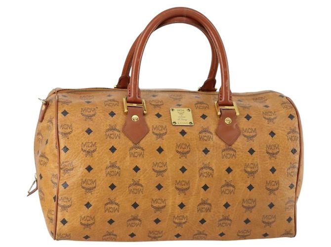 Bolsa Boston MCM Logogram Vicetos em couro PVC marrom e dourado Auth 153190