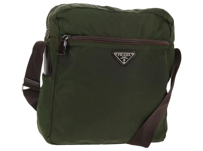 PRADA Schultertasche Nylon Khaki Silber Authentisch 158481