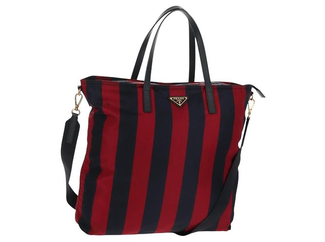 Borsa Tote PRADA Nylon 2in1 Rossa Blu Navy oro Auth 158700 Rosso D'oro