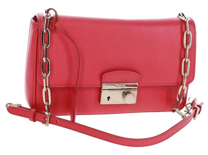 Saffiano Bolsa de Ombro PRADA em Couro Safiano Vermelho Prata Auth ka1025V