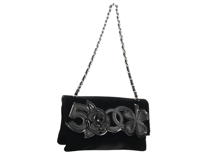 Bolso de Hombro CHANEL Chain Camellia No.5 Terciopelo Negro Plata CC Auth 159584V