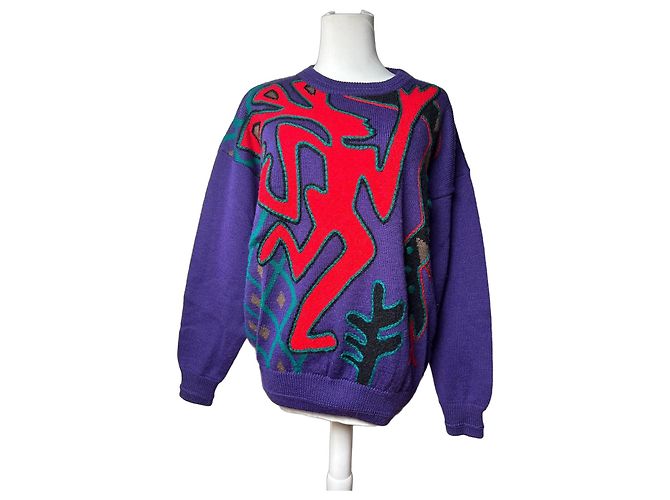 Autre Marque Pull en laine vintage Kansai abstrait violet rouge vert M