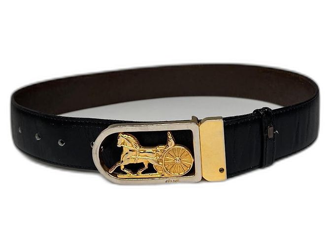 Céline Schwarzer Leder-Gürtel mit Vintage Celine Paris Wagenlogo
