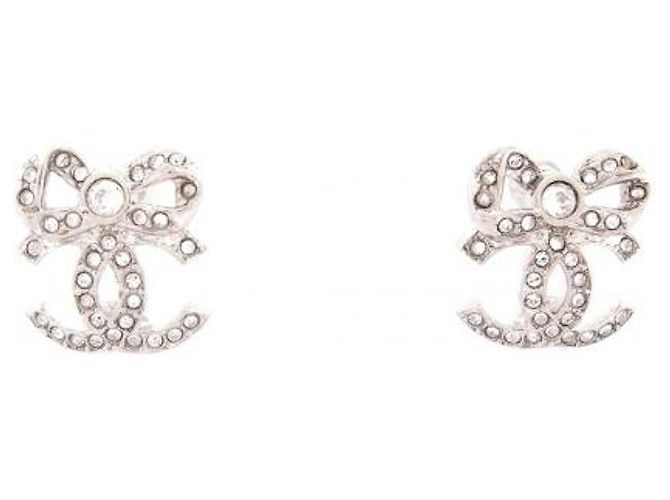 Orecchini Chanel Fiocco Metallo Argentato e Strass Argento