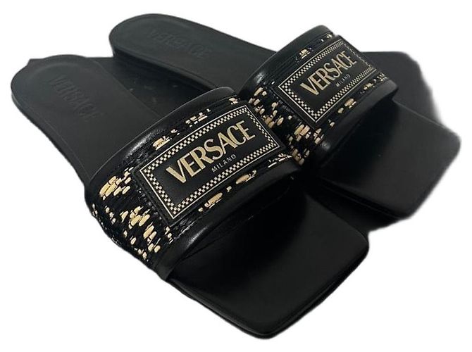 Versace Theia Barocco Flat Sandals Black Yellow