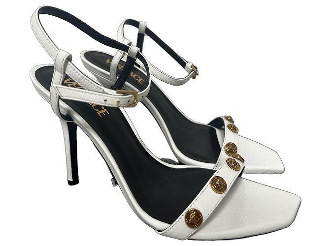 Versace White Leather Sandals Golden