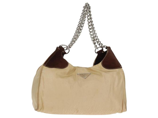Tote Prada Bolsa Cadeia Couro Macio Média Bege