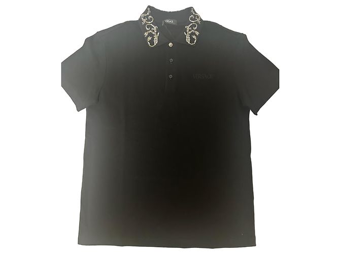 Polo Nero Ricamato Versace Argento