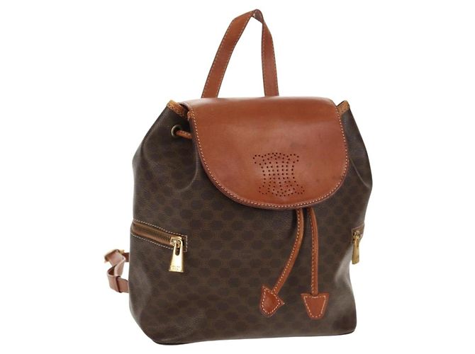 Céline CELINE Macadam Canvas Backpack PVC Leather Brown Gold Auth 156449 Golden
