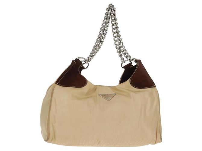 PRADA Bolsa de Ombro com Corrente Nylon Bege Prata Auth 160872