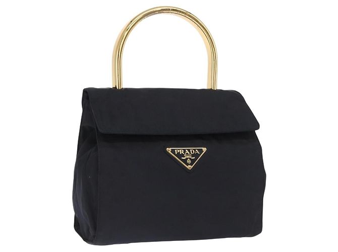 PRADA Borsa a mano in nylon blu navy oro Auth 160865 D'oro