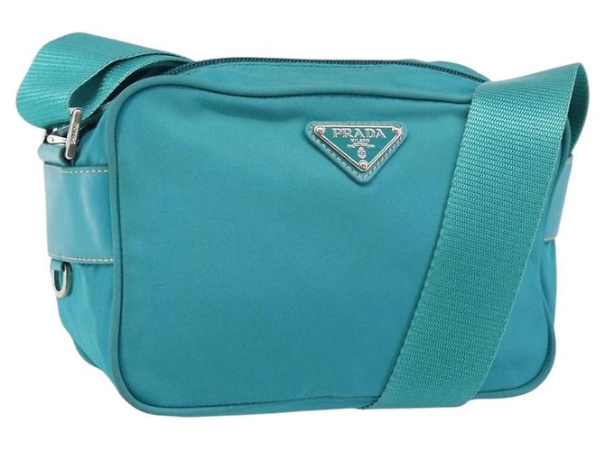 PRADA Shoulder Bag Nylon Turquoise Blue Silver Auth 157870 Silvery