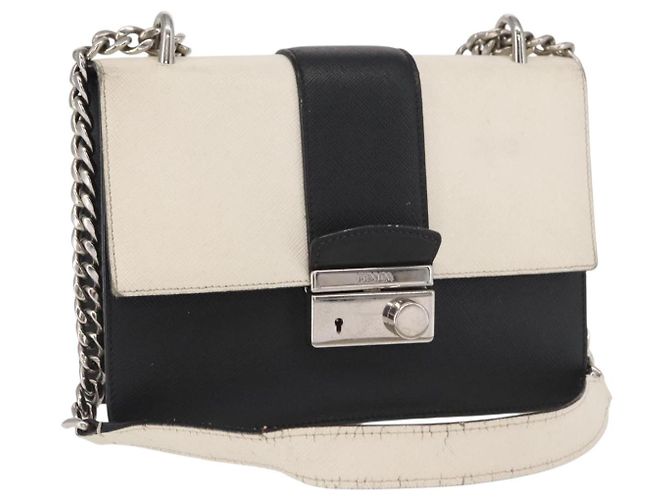 PRADA Chain Shoulder Bag Leather White Silver Auth bs32042 Silvery