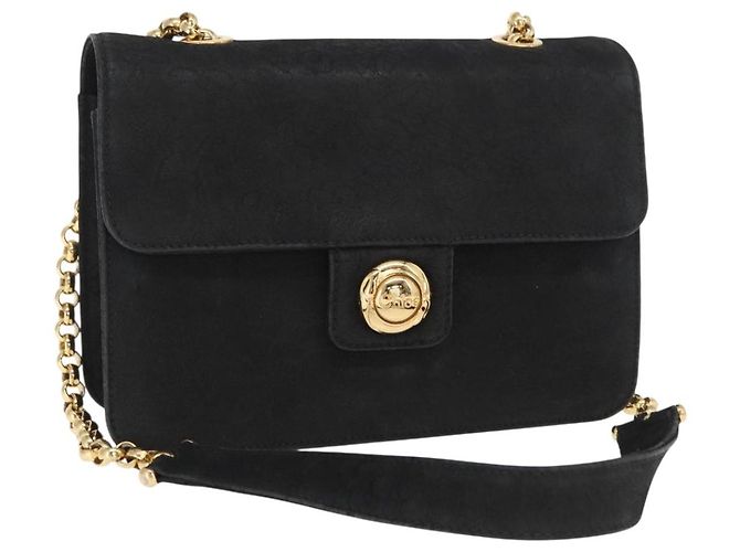Chloé Bolsa de Ombro com Corrente Chloe em Couro Suede Preto e Ouro Auth BA9157 Dourado