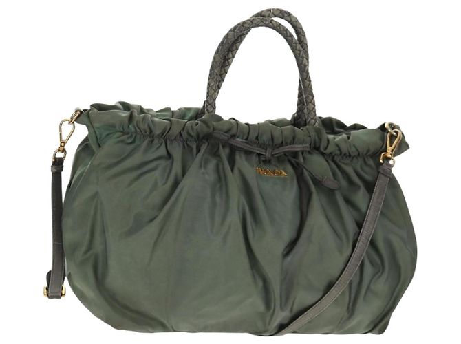 PRADA Sac à main Nylon 2 voies Vert Or Auth 157145 Doré