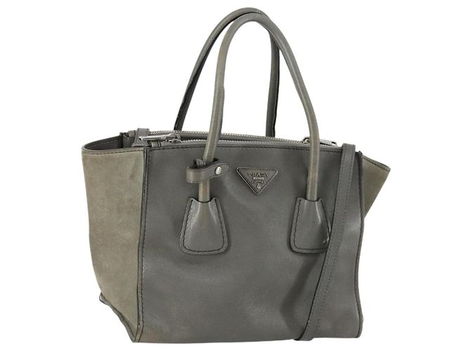 PRADA Bolsa de Mão com Studs em Couro Suede 2 em 1 Cinza Prata Auth BA8646 Marrom