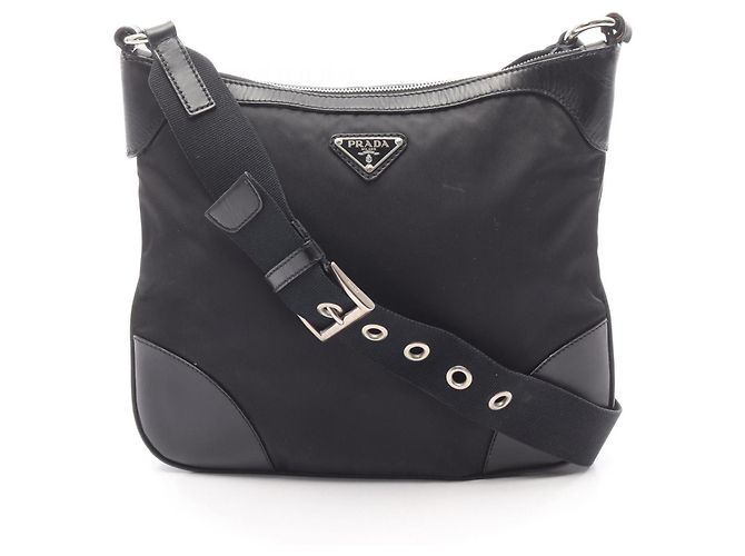 Borsa a Spalla Prada da Donna in Nylon e Pelle Nera Nero
