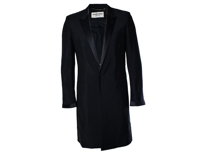 Saint Laurent, schwarzer Blazer-Mantel mit glänzendem Revers