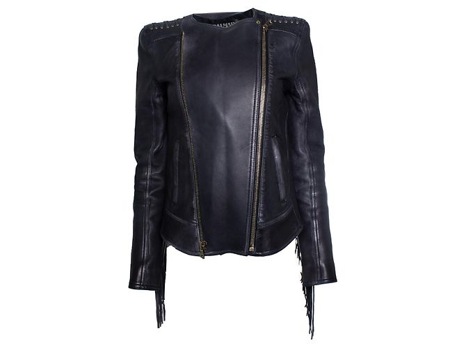 Balmain Leder-Bikerjacke mit Fransen Schwarz 