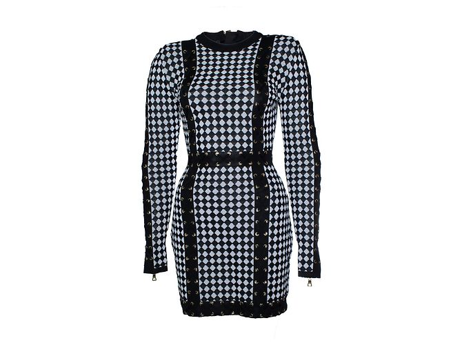 Vestido de malha xadrez preto e branco da Balmain Dourado