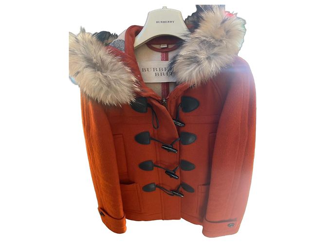 Burberry Brit Wool Double Breasted Jacket with Removable Fur Collar