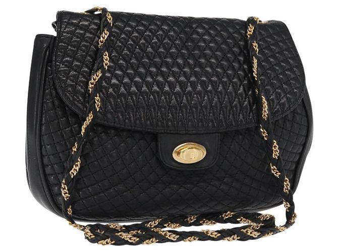 BALLY Bolsa de Ombro com Corrente Couro Preto Dourado Auth 160803