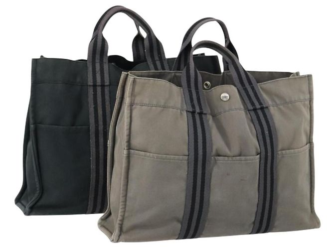 Hermès HERMES Fourre Tout MM Tote Bag Canvas 2 Set Gray Black Auth mr1736 Brown