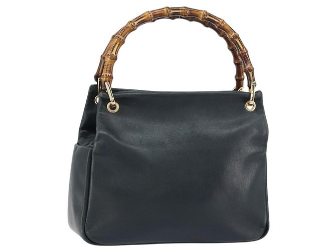 GUCCI Bamboo Hand Bag Leather Navy gold 000 3444 0575 Auth bs32136 Golden Navy blue