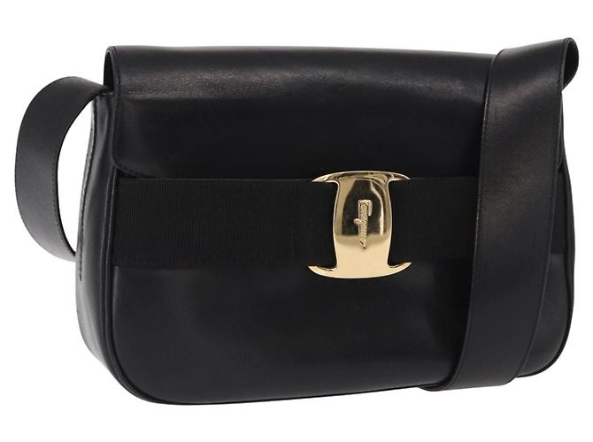 Borsa a Spalla Vala in Pelle Nera e Oro Auth BA9016 di Salvatore Ferragamo Nero D'oro